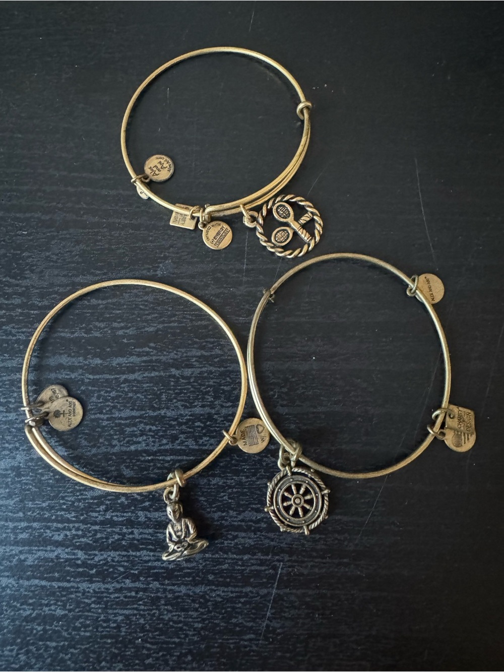 Alex and Ani Gold Tone Charm Bangle Bracelet Set - Nautical & Lotus Charms